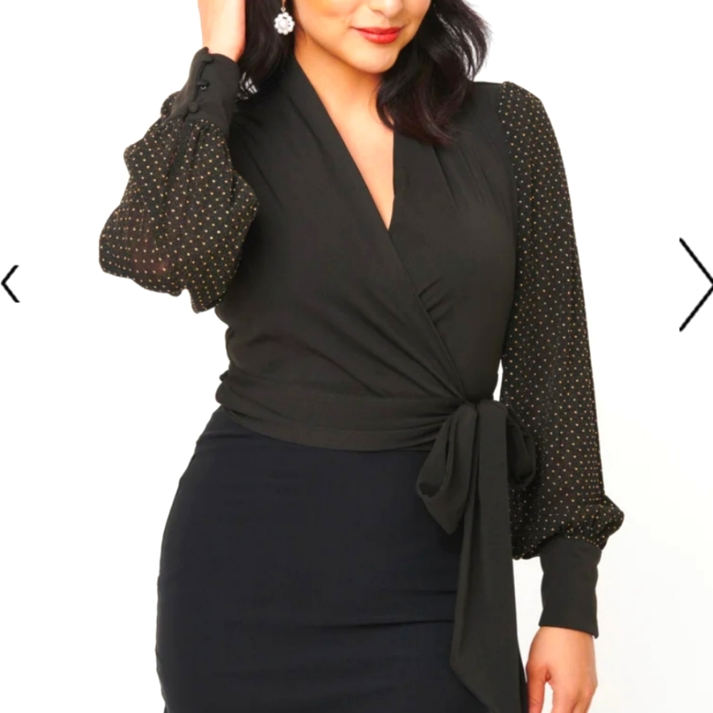 Unique Vintage Black & Gold Pin Dot Giselle Wrap Top